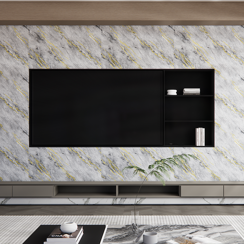 Pegatina decorativa de pared con vetas de oro y mármol gris claro 