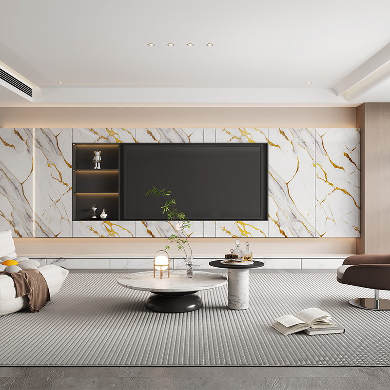 Pegatina decorativa de pared con vetas en oro y mármol blanco 